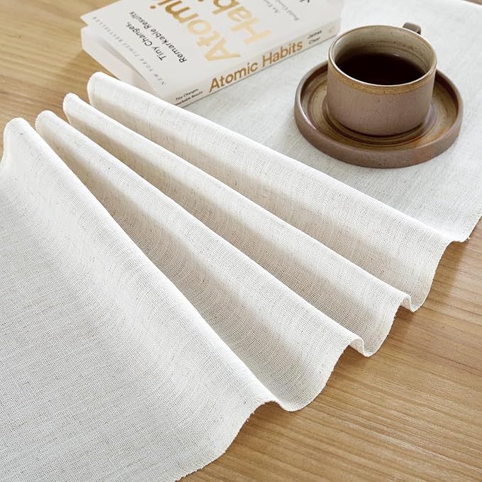 Linen Style Rustic Table Runner, Farmhouse Cotton Linen Table Runner, Boho Table Runners 72 Inches Long with Hand Tassels for Home Tabletop Decor and Everyday Use - Off White, 72 Inch
