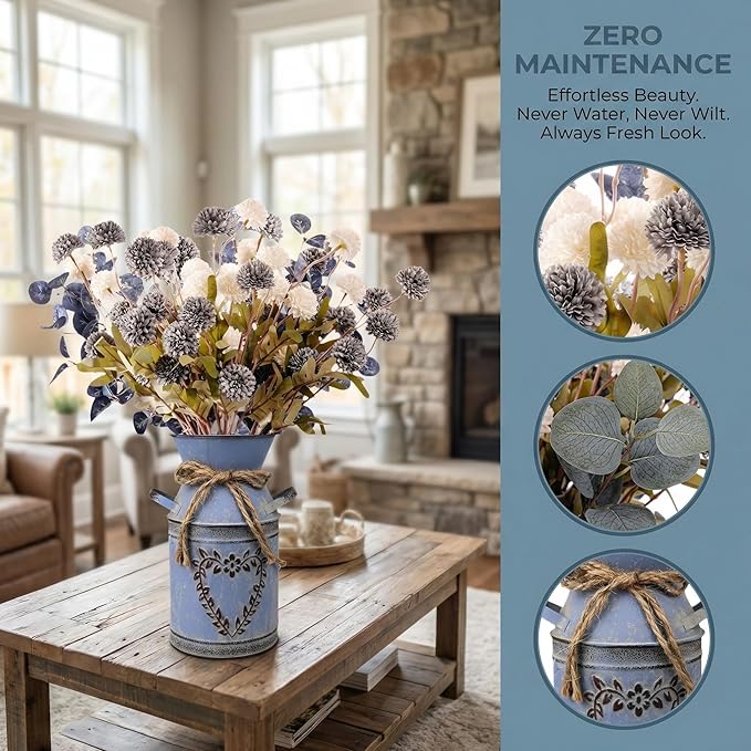 16.5''H Fake Flowers in Vase for Centerpiece Table Decorations with 10Pcs Fake Mums Flowers Eucalyptus Stems Faux Pompon Kiku Flowers Arrangement for Home Farmhouse Decor (Blue and White)