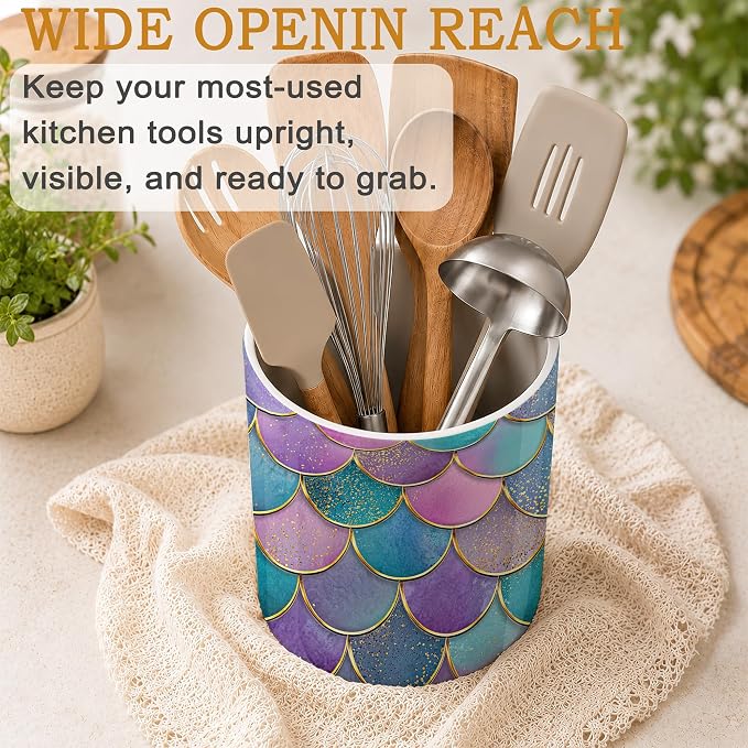 Mermaid Fish Utensil Holder for Countertop,Pink Scales Marble Ceramic Utensil Crock Organizer for Home Kitchen Spoons,Spatulas and Cooking Tools