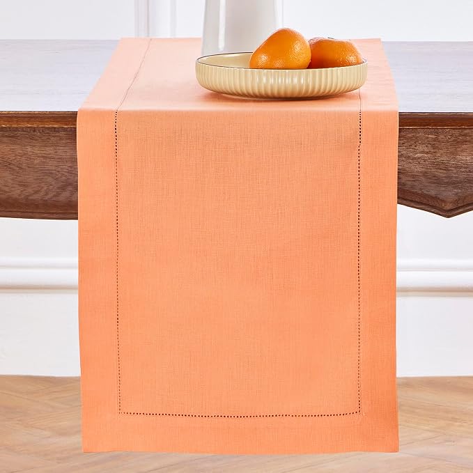Solino Home Linen Coral Table Runner 108 Inches Long - 100% Pure Linen Hemstitch 14 x 108 Inch Table Runner for Dining, Summer - Classic Hemstitch