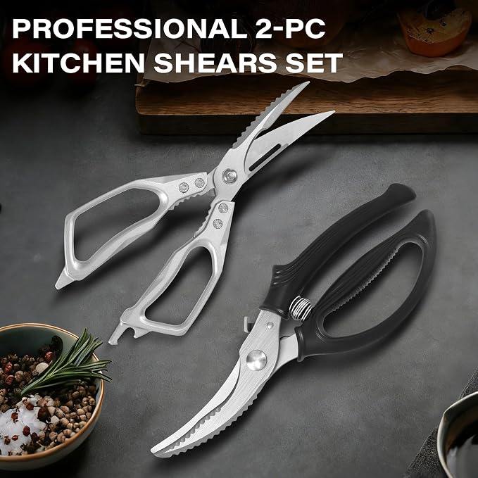 2PCS Kitchen Shears Set, Heavy Duty Poultry Shears with Spring Loaded, All Purpose Kitchen Scissors for Food Come Apart Culinary Chef Scissors for Cutting Chicken Meat Vegetable, Black & Silver