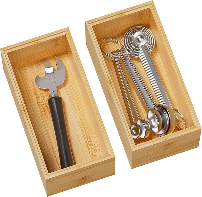 Kitchen Drawer Organizer Bins, Stackable Bamboo Deep Drawer Organizer for Silverware, Utensils, Cutlery, Flatware, Junk Drawer, Dresser, Bathroom, 6" x 3" x 2.5" (Set of 2)