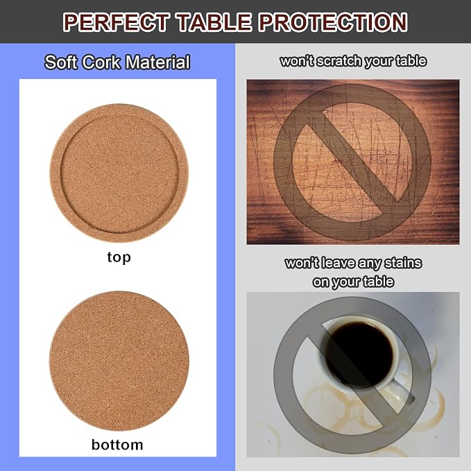 Cork Coasters for Drinks Set of 8 with Holder, Absorbent Round Coasters with Lip, Heat Resistant and Table Protective, 4'' Diameter Suitable for Most Cups, Perfect for Home & Office, Housewarming Gift