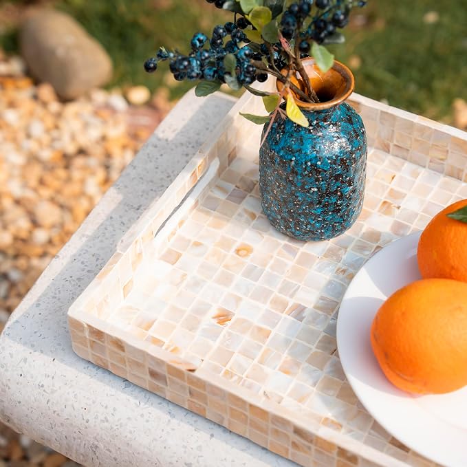 PEMAR Rectangular Mother of Pearl Serving Tray Nacre Wood Lap Ottoman Tray for Coffee Table, Luxury Decorative Handmade Eating Platters w Insert Handles (White Cream)