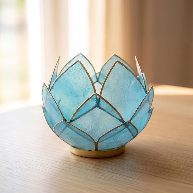 Bowery Hill Handcrafted Capiz Shell Tea Light Holder, Aquamarine Blue, Lotus Flower Design, Translucent Finish, Decorative Candle Holder for Centerpieces, Bathrooms, Meditation Spaces