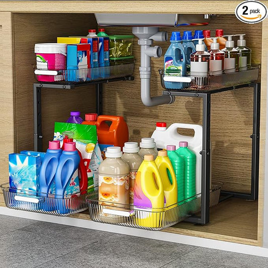 ARSTPEOE 2 Pack Double Sliding Under Sink Organizers and Storage,Two Tier Bathroom Storage and organization,Under Cabinet Organizer, Clear