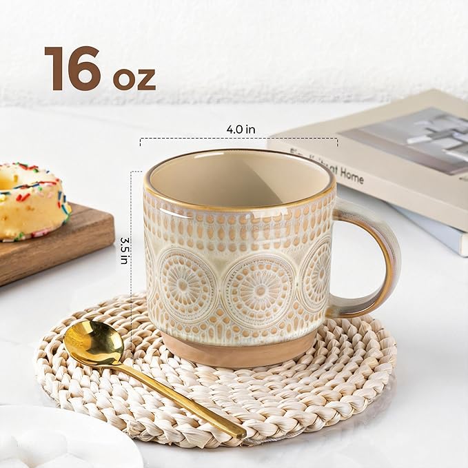 GBhome 16OZ Stackable Coffee Mugs, Ceramic Coffee Mugs with Texture Patterns for Man,Woman,Dad,Mom, Modern Coffee Mugs Set of 4 for Latte/Cappuccino/Cocoa. Dishwasher&Microwave Safe