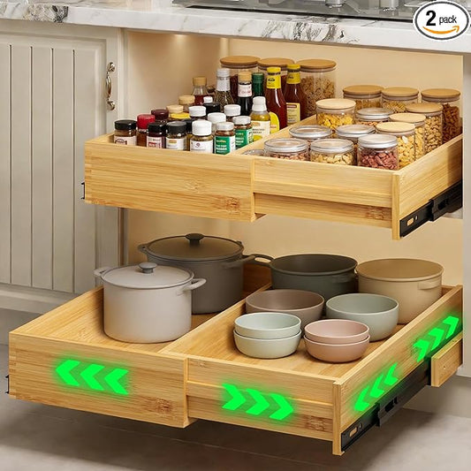 BAMEOS 2-Pack 14" to 20" Adjustable Width Soft Close Slide Out Bamboo Wood Drawer Organizer for Kitchen,Pantry, Bathroom & Under Sink, 2-Pack Wooden Storage, 21" Depth, 66 lbs Capacity