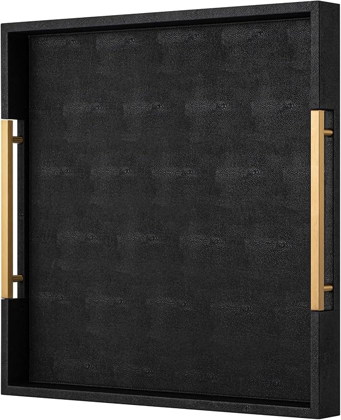 Black Faux Leather Decorative Serving Tray with Handles – Large Square for Coffee Table, Ottoman, Living Room & Bathroom Home Decor