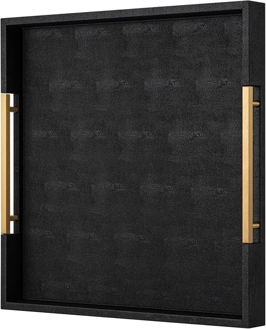 Black Faux Leather Decorative Serving Tray with Handles – Large Square for Coffee Table, Ottoman, Living Room & Bathroom Home Decor