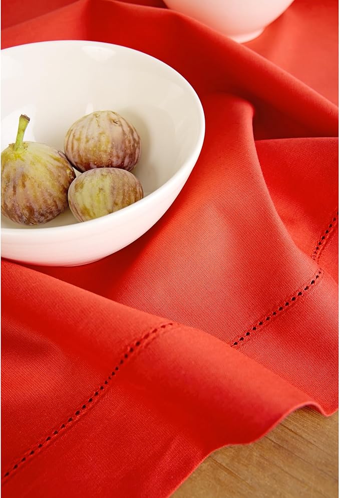 Solino Home Cotton Linen Table Runner 36 Inches - Poppy Red Hemstitch Table Runner 14 x 36 Inch Ideal for Dresser and Coffee Tables, 4th of July