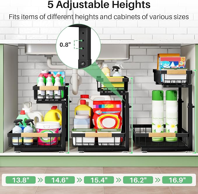 Kitstorack Under Sink Organizer, 2 Tier Under the Sink Storage, Slide out Pull out Cabinet Organizer Shelf, Metal Sliding Drawer for Kitchen Bathroom Pantry Closet Organization Rack, Black, 1 Pack