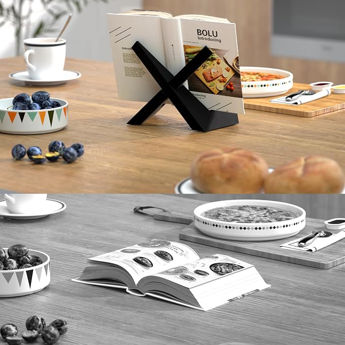 Webtrlics Cookbook Stand, Cookbook Holder for Kitchen,Black Recipe Book Holder for Counter,Wooden Plate Holder Display Stand for Tabletop (Black)