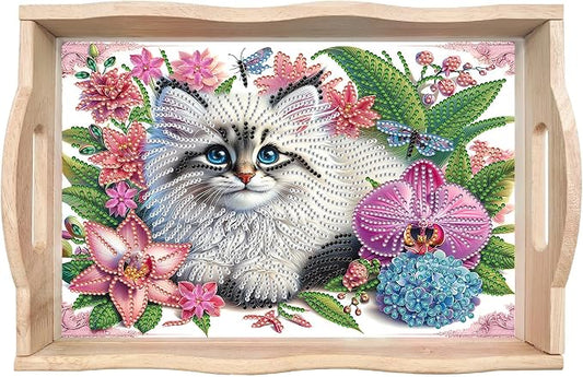BAYUNOE DIY Diamond Serving Tray Christmas Rectangular Breakfast Tray with Handle Handmade Diamond Art Painting Wooden Tray for Dinner Plate Coffee Room Living Home Organizer-Cat