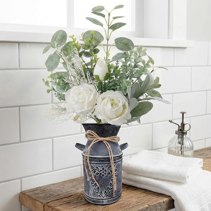 Faux Flowers in Vase 17.5" H Artificial Silk Roses Flower Fake Plants Eucalyptus Arrangement in Metal Vase Faux Silk Floral for Dining Table Centerpieces Home Office Decoration (White/Black Vase)