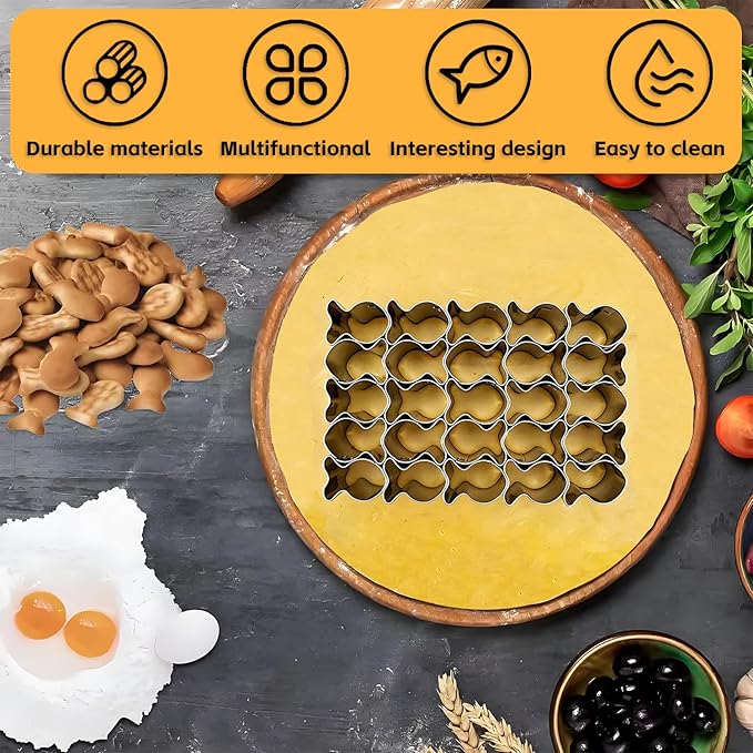 GoldFish Cracker Cutter, 25 Cavity Mini Cookie Cutters with Cleaning Brush, Goldfish Mold Stainless Steel Fish Shaped for Non-Stick Dough DIY Cookie Mold