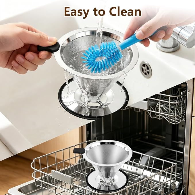 Stainless Steel Pour Over Coffee Dripper, Reusable Coffee Filter with 800 Mesh Double Micro-Mesh Strainer, Paperless Coffee Maker with Heat-Resistant Silicone Handle & Base for 1-2 Cup, Home Camping