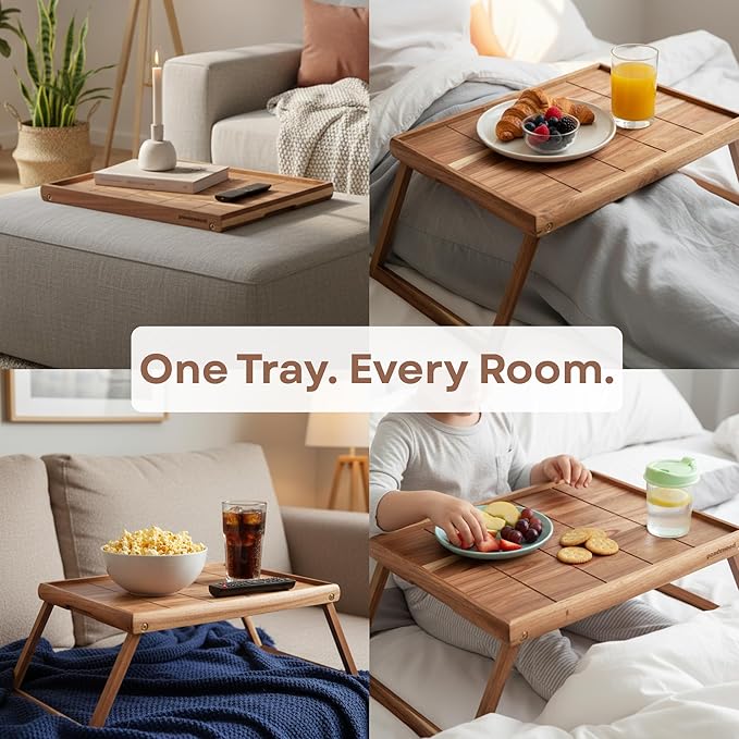 Bed Trays for Eating and Laptops - Acacia Wood Breakfast in Bed Tray with Folding Legs - Large Food Tray for Bed Lap Trays for Eating on Couch Adults - Foldable Wooden Breakfast Trays for Bed 17x13