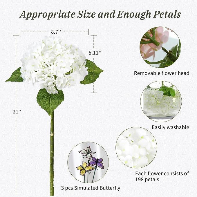 Leftover Hydrangea Artificial Flowers,4 Pcs Real Touch Hydrangea Flowers with 3 Pcs Butterflies for Centerpiece Table Decorations,Floral Arrangements for Coffee Table Decor Living Room Decor