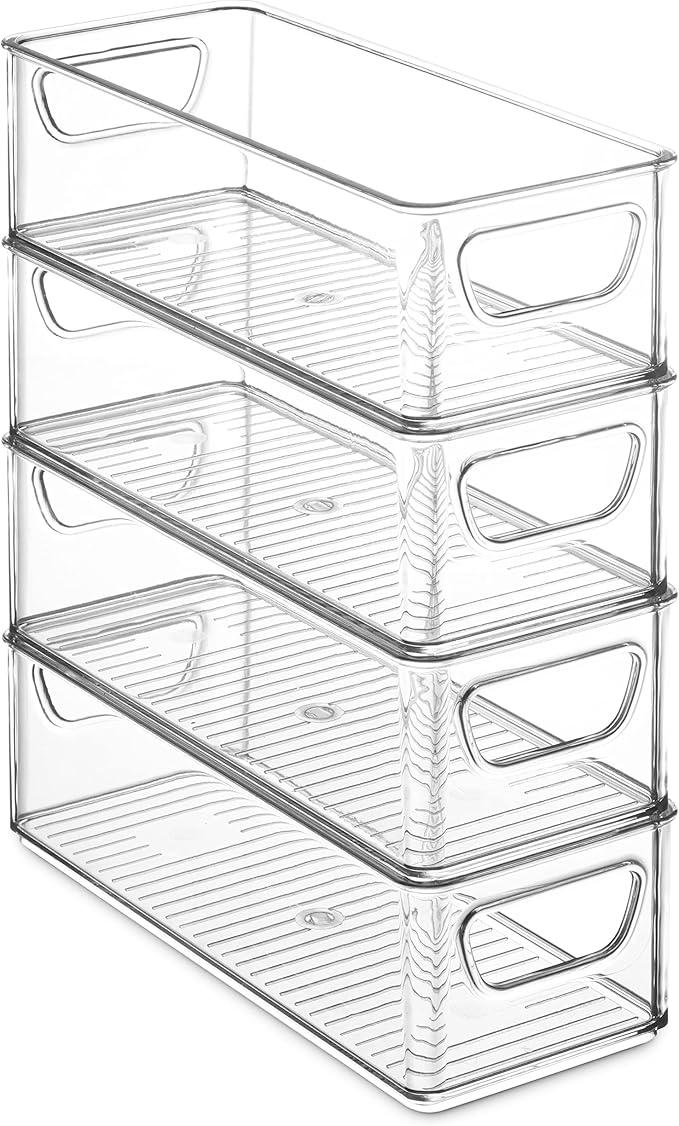 Set Of 8 Refrigerator Organizer Bins - Stackable Fridge Organizers with Cutout Handles for Pantry, Freezer, Kitchen, Countertops, Cabinets - Clear Plastic Food Storage Bins