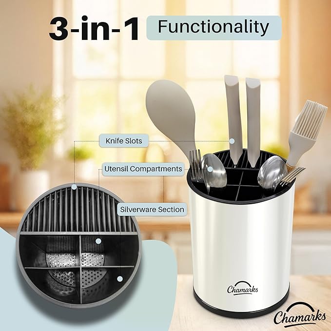 3-in-1 Kitchen Utensil Holder for Countertop with Knife Block and Silverware Caddy. (White)