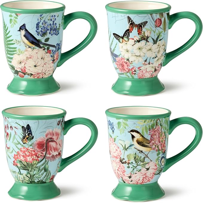 Flora Set of 4 Pedestal Mugs – 16-Ounce Ceramic Mugs with Vibrant Floral, Butterfly, and Dragonfly Designs, Durable Tableware for Coffee, Tea, and Hot Beverages