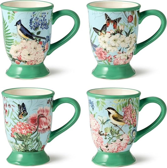 Flora Set of 4 Pedestal Mugs – 16-Ounce Ceramic Mugs with Vibrant Floral, Butterfly, and Dragonfly Designs, Durable Tableware for Coffee, Tea, and Hot Beverages