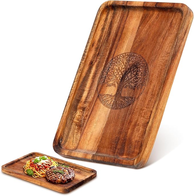 Rtteri Acacia Wood Serving Tray 10" x 6.7" Tree of Life Small Wooden Platter Rectangle Charcuterie Cheese Board for Food Coffee Table Dish Dessert Snack Tray Kitchen Home Bar Decor Housewarming Gift