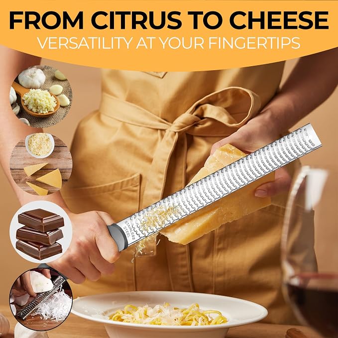 Orblue Lemon Zester & Cheese Grater - Premium Citrus Zester, Kitchen Grater for Parmesan, Chocolate, Fruits, Vegetables, Ginger, Garlic, Nutmeg - Stainless Steel Blades with Protective Cover, Gray