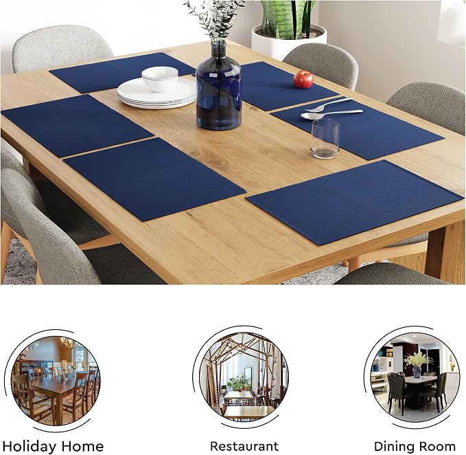 Encasa XO Dining Placemat Set of 6 | Solid Navy Blue Color | Fine Ribbed Cotton Table mat | Size 19x13 in | Machine Washable