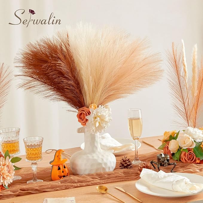 Serwalin 60pcs Orange Pampas Grass Decor, 17.7Inch Fall Artificial Pampas Grass, Faux Pampas Flower Arrangement for Home Decor Wedding Party Centerpieces Decoration Vase Filler