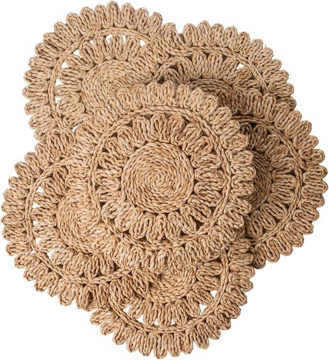 Laquedecraft 15" Set of 6 Round Corn Husk Placemats | Boho Woven Rattan Table Mats | Farmhouse Wicker Spring Plate Chargers Like Water Hyacinth, Seagrass for Wedding, Party, Christmas, Events