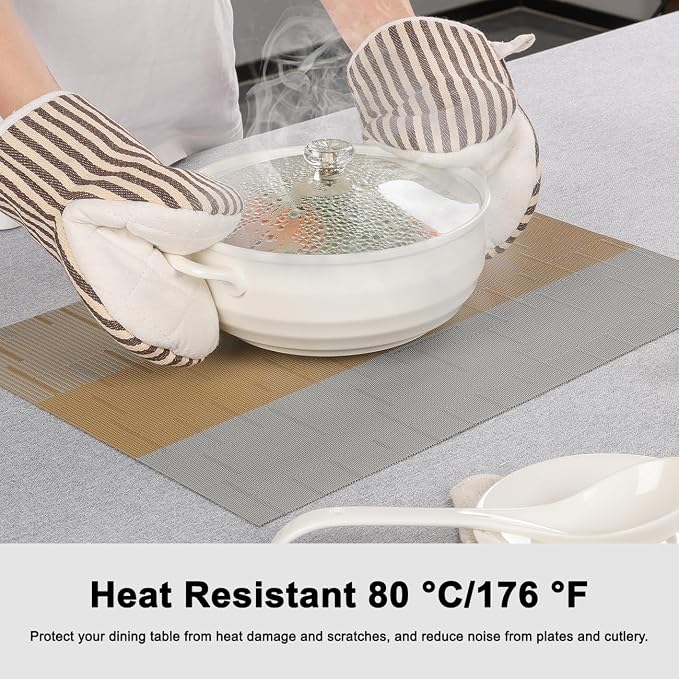 Placemats Set of 6, Vinyl Woven Place Mats Indoor Set of 6 Washable Wipeable PVC Table Mats Heat-Resistant Non Slip Placemat for Kitchen Dining Outdoor Table (Gray Light Brown, Set of 6)
