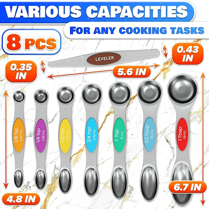 8 Pcs Magnetic Measuring Spoons Set Stainless Steel – Magnet Measuring Spoons 1/8 Tsp–1 Tbsp with Dual-Sided Design – Fits Narrow Spice Jars | Dry & Liquid Ingredients | Kitchen Ladle Gift Ideas