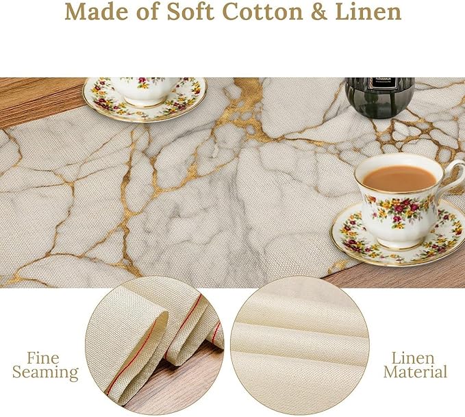 Marble Table Runner, Abstract White and Gold Modern Luxury Texture Printed Linen Table Runners for Living Room Kitchen Dining Room Party Holiday Home Decor 13" W x 60" L