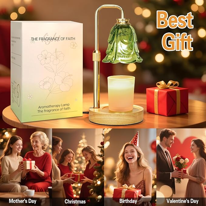 Candle Warmer Lamp with Timer Dimmer, Adjustable Height Green Tulip Candle Wax Warmer, Christmas Birthday Gift for Mom Women,House Warming Gifts for New Home Bedroom Decor,Flower Green