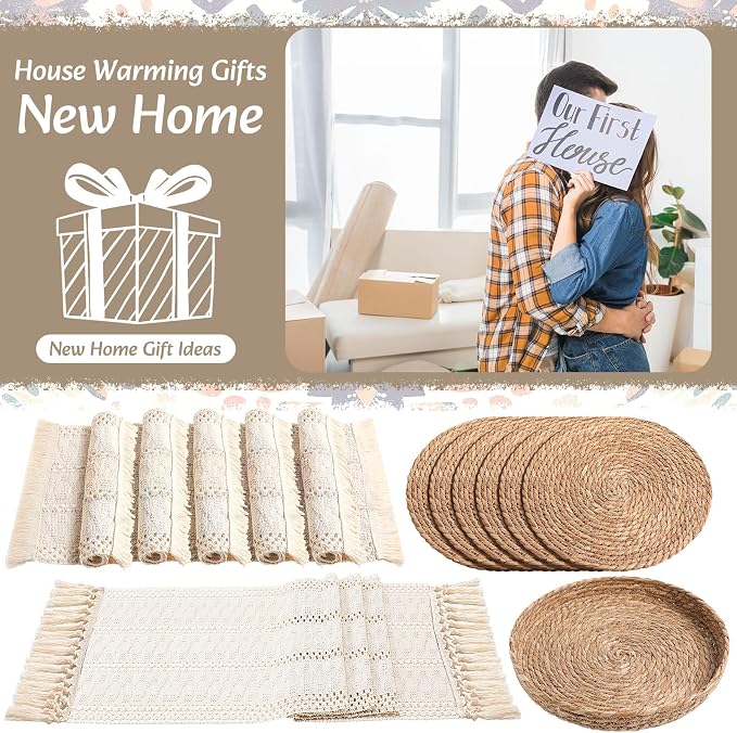 Boho Placemats 4/6/8 Set of Round Woven Placemat Macrame Style Bicolor Stitching Long Table Runner Farmhouse Rustic Natural Burlap Cotton for Kitchen Dining Table(6 Sets,Beige,12x72)