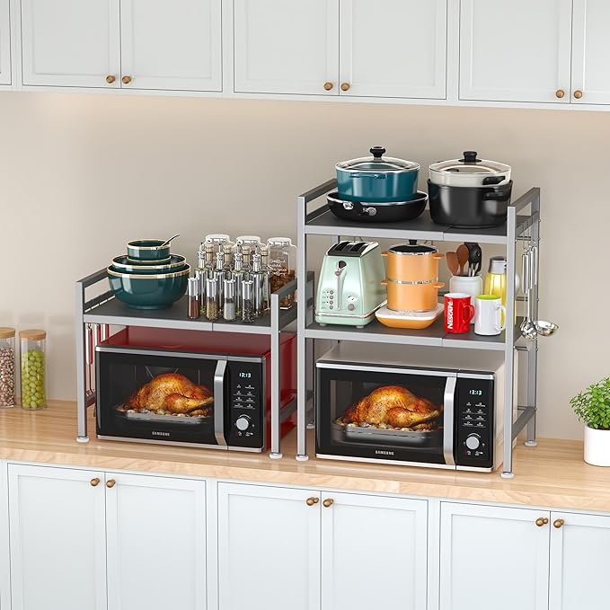 PUSDON Expandable Microwave Oven Rack, 2-Tier Countertop Baker's Rack Style Shelf, Heavy Duty Stand with 3 Hooks, 160lbs Capacity Stainless Steel Appliance Match, Silver Gray