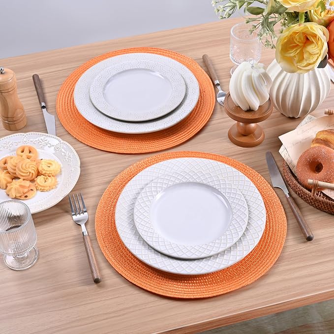 Feuille Round Braided Placemats Set of 4 Place Mats for Dining Table Woven Washable Non-Slip Table Mats 13.5 Inch Orange 4pcs