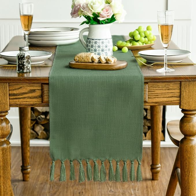 Artoid Mode Dark Green Tassel Table Runner, Linen Blend Rustic Farmhouse Style Kitchen Table Decoration Holiday Wedding Party Dinning Decor 13x36 Inch