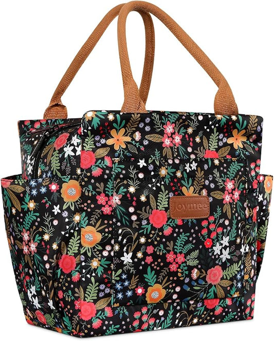 Joymee Insulated Lunch Bag For Women Reusable Leakproof - Multi-Floral | Large Capacity, Bottle Holder & Side Pockets, Leakproof Insulated Design, for Work, Travel, Picnic & Daily Use, for Adult