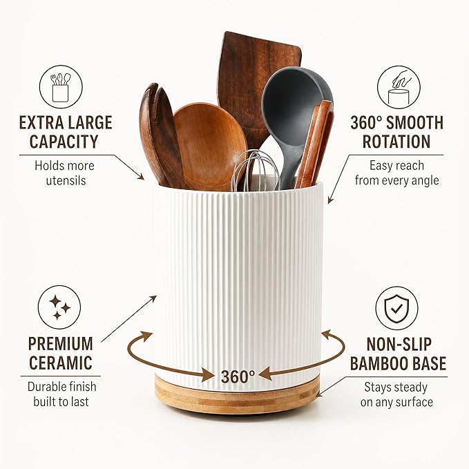 KSENDALO Large 360° Rotating Utensil Holder, Cream Milk White 7.76" Kitchen Crock for Cooking Utensils, Durable Countertop Storage for Home Kitchen