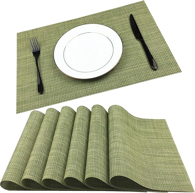 WAZAIGUR Placemats,Easy to Clean Crisscross Woven Vinyl Place Mats Durable Non-Slip Heat Resistant Table Mats,Placemats for Kitchen Table Set of 6,Green and Yellow