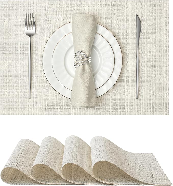 Leetaltree Sparkling White and Silvery Vinyl Woven Placemats Set of 4 - Durable - Washable - Wipeable Dining Table Place Mats, Suitable for Indoor & Outdoor Use - Hand-Cut