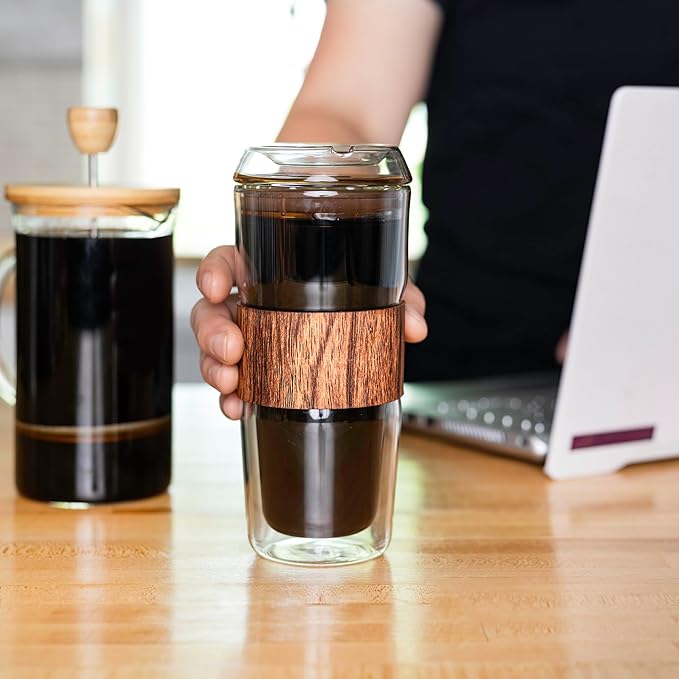 Birchland All Glass Double Wall 14 oz Coffee Cups, Set of 2, Pure Glass Lid, Silicone Grip