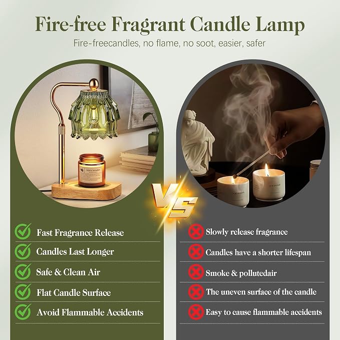 Candle Warmer Lamp with Timer Dimmer, Modern Wax Warmer for Scented Wax Jar Candle Warmer with 2 Bulbs, Adjustable Height Glass Lamp for Gifts for Women, Home Decor, Gold Green