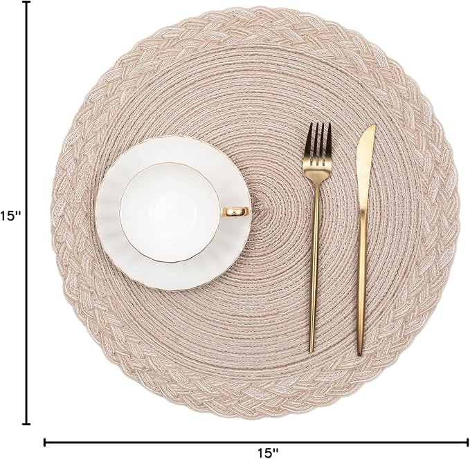SHACOS Round Placemats Set of 4 Boho Braided Border 15 inch Circle Place Mats Washable Fabric Table Mats for Kitchen Dining Table, Beige