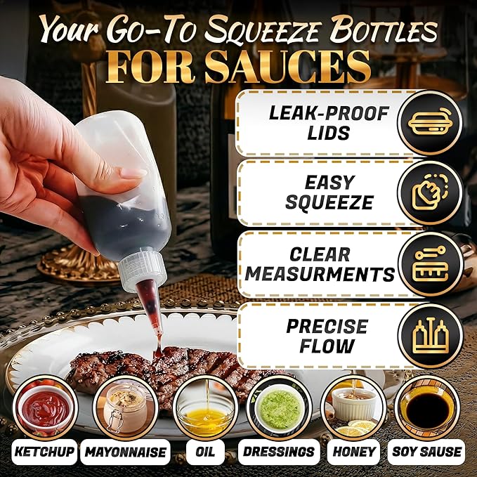 6 Pcs Plastic Squeeze Bottles for Sauces 4 oz (120 ml) - Reusable Condiment Squirt Bottles Set with Cuttable Fine Tip - for BBQ, Picnics, Camping, Pancake Batter, Syrup, Oils, Salad Dressings & Crafts