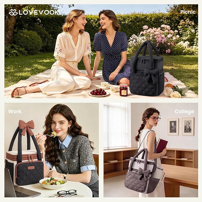 LOVEVOOK Insulated Lunch Bag Women,Expandable Double Deck Adult Lunch Box Women with Cup Holder,Bow Quilted Puffer Lunch Tote,Large Leakproof Collapsible Cooler Bag for Work College Picnic Meal Prep