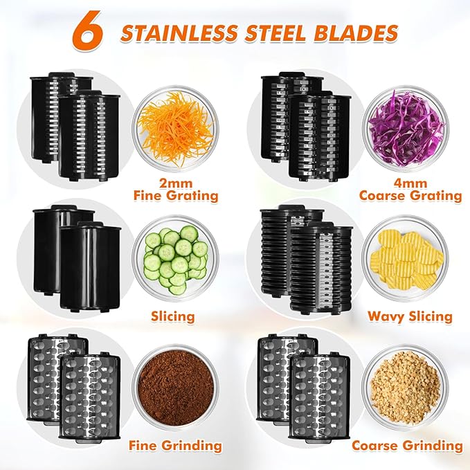 Anatole Electric Cheese Grater Stainless Steel Vegetable Shredder 6 Blades 250W Large Inlet Outlet BPA-Free 110V
